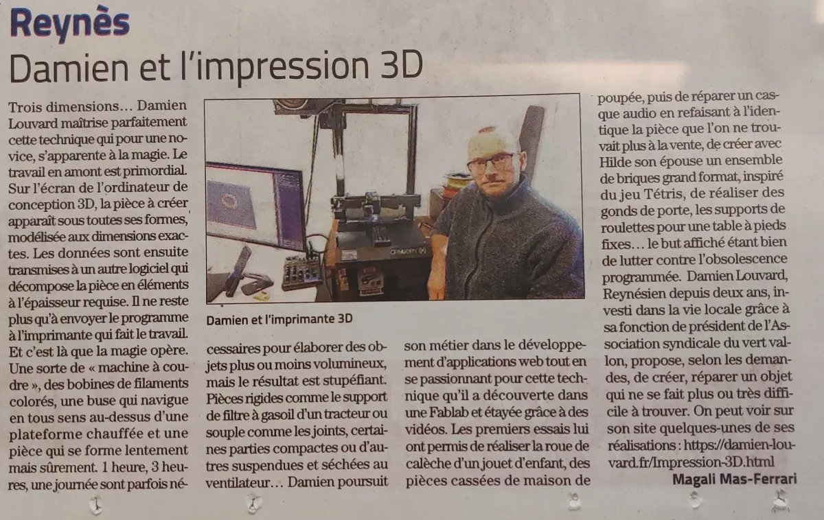 Article de presse du journal L'Indépendant sur Impression 3D Louvard - Damien et l'impression 3D